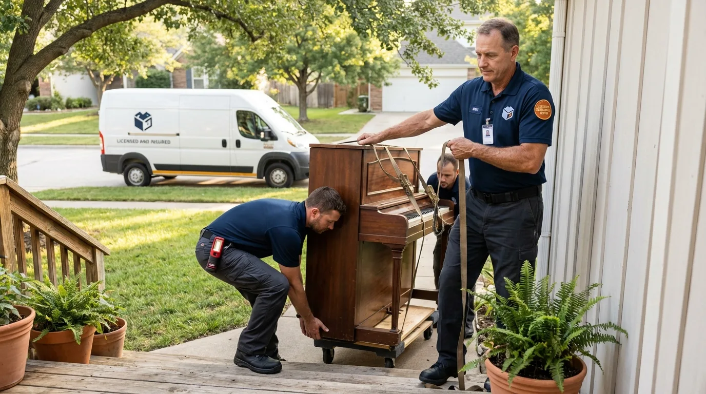 Licensed piano movers securing grand piano in Edgewater, MD