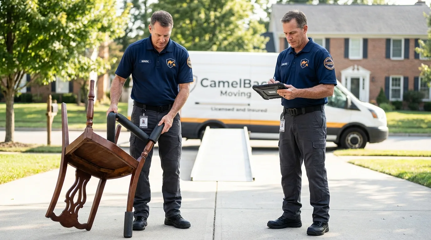 Movers inspecting furniture for damage prevention before loading in Edgewater, MD