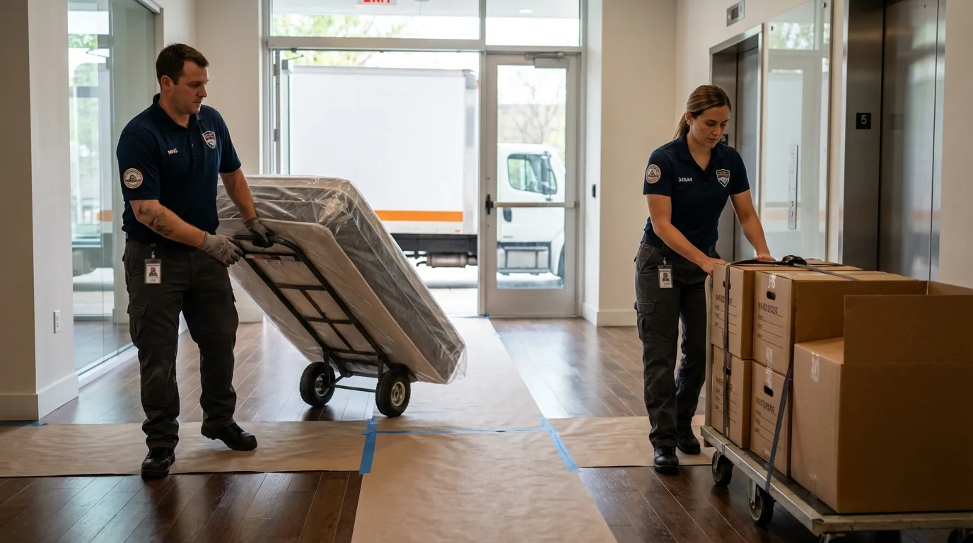 Professional apartment movers loading elevator in Edgewater, MD